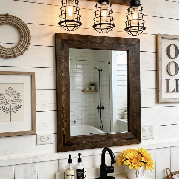 Mirror + Light Set, Vanity Bathroom Decor, Rustic Industrial Style, Pipe and Wood Design, Primitive Bathroom, Wall Hanging Fixtures, Gift