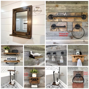 Puede incluir: Una colecci&oacute;n de accesorios de ba&ntilde;o con madera te&ntilde;ida oscura y herrajes de tuber&iacute;a industrial negra. Los art&iacute;culos incluyen un espejo enmarcado con repisa, toalleros, portarrollos de papel higi&eacute;nico, toalleros de aro y estantes de pared.