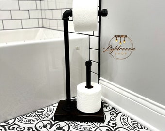 3 Rolls HEAVY Base, EXTRA Pipe Storage, Pipe Wood Toilet Paper Dispenser, Bathroom Free Standing TP Holder, Industrial Bathroom, House Decor