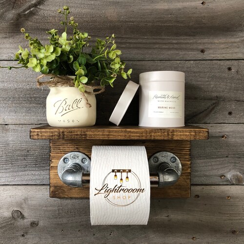 Rustic Industrial Toilet Paper Holder With Shelf Wall Mounted Etsy