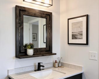 Bathroom Mirror with 3.5" Deep Shelf,Farmhouse Rustic Entryway Mirror,Bath Rustic Shelf,Wall Storage Mirror,Modern Decor,Key Holder Mirror