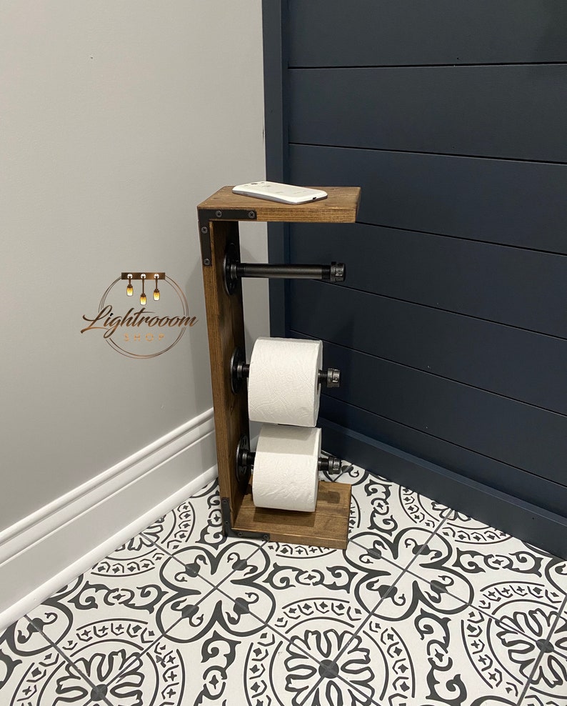 Toilet Paper Stand With Shelf, Floor Stand TP, Multiply 3 Roll Holder, Rustic, Pipe Toilet Paper Holder, Industrial Stand, Wood Stand, Gift image 1