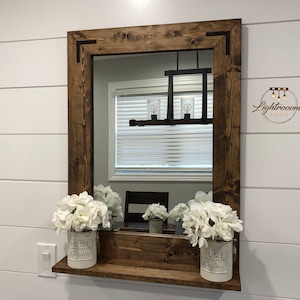 Bathroom Mirror with 5&quot; Deep Shelf,Farmhouse Rustic Bath Entryway Mirror,Hallway Key Holder Wall Mirror,Mirror with Brackets,Vanity Mirror