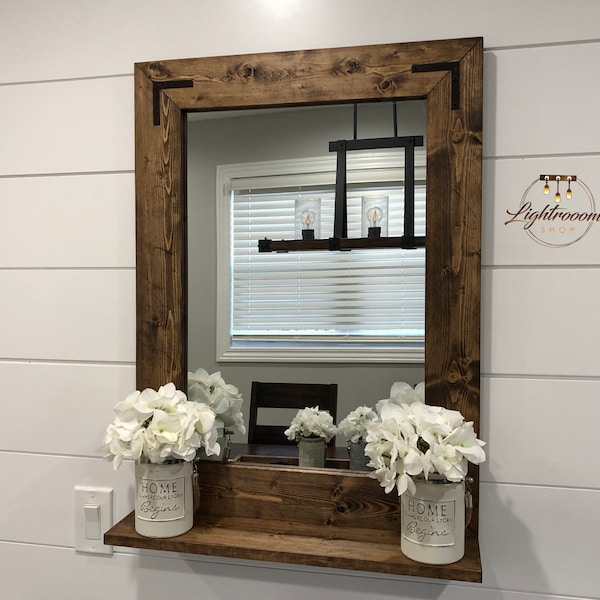 Mirror with 5" Deep Shelf, 60+ Sizes + Custom Orders,Bathroom Entryway Mirror,22 Wood Colors,Wall Mirror,Mirror with Brackets,Farmhouse,Gift
