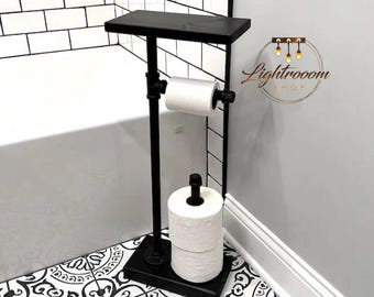 Toilet Paper Stand HEAVY Base + EXTRA Storage, 3 Rolls TP Stand With Shelf, Paper Dispenser, Rustic Toilet Paper Holder, Industrial Floor