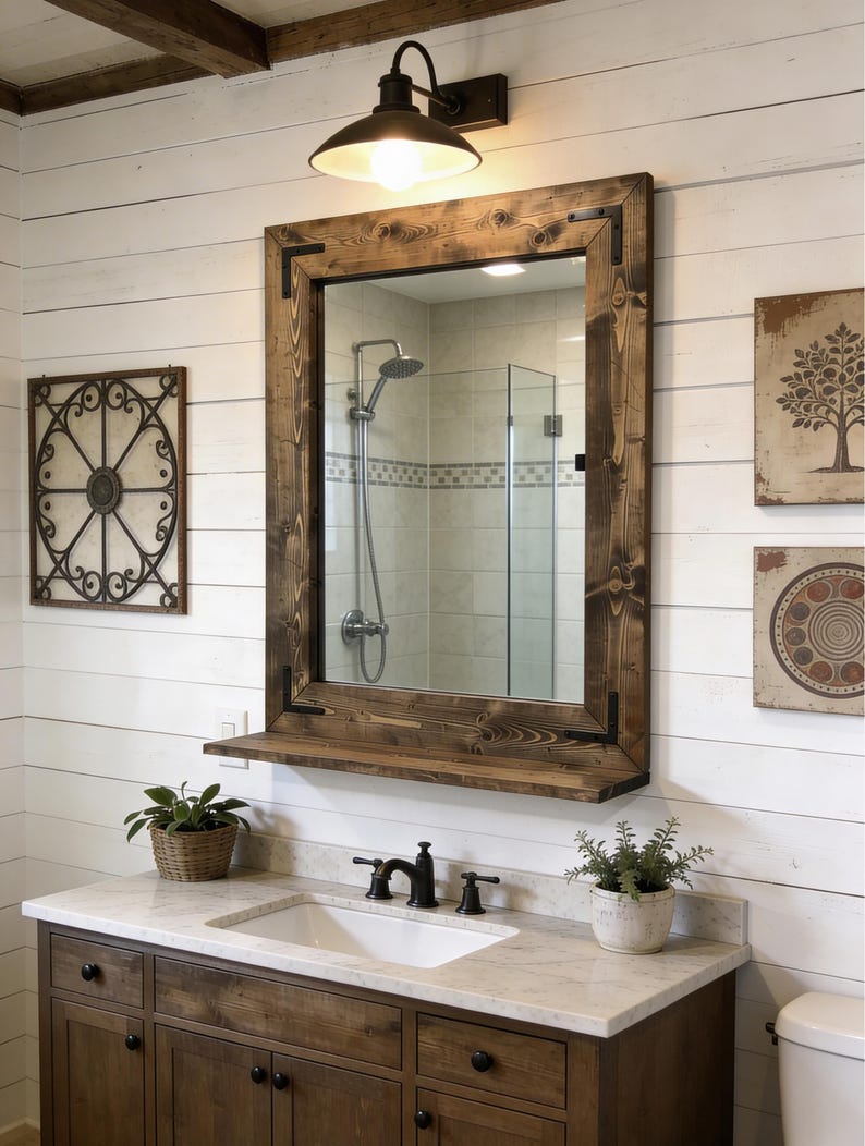 Bathroom Mirror with 5" Deep Shelf,Farmhouse Rustic Bath Entryway Mirror,Hallway Key Holder Wall Mirror,Mirror with Brackets,Vanity Mirror image 20