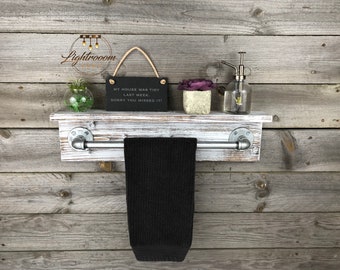 Towel Holder with Shelf, Rustic Industrial Towel Bar, Floating Shelf Bathroom Rack, Wall Shelf, Storage Organization, Shelves, Pipe Holder,