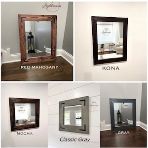 May include: A selection of rectangular mirrors in shades of red mahogany, Kona, mocha, classic grey, and grey. Each mirror features a wooden frame with black corner detailing. The mirrors are designed for wall mounting. The text "Lightroom Shop" is visible.