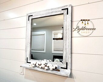 26"W x 30"H WHITEWASH Mirror with 3.5" Deep Shelf and Front Decorative Brackets