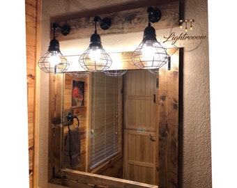 Mirror and Light Set, Bathroom Set, Industrial Bathroom, Pendant Shade Light, Large Wall Mirror, Rustic Decor, Cage Light Fixture