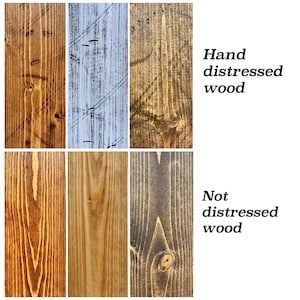 May include: A display of six wooden panels with different finishes. The top row presents hand-distressed wood in brown, blue-grey, and gold hues. The bottom row shows non-distressed wood in lighter and darker brown shades. Text labels the wood treatments.