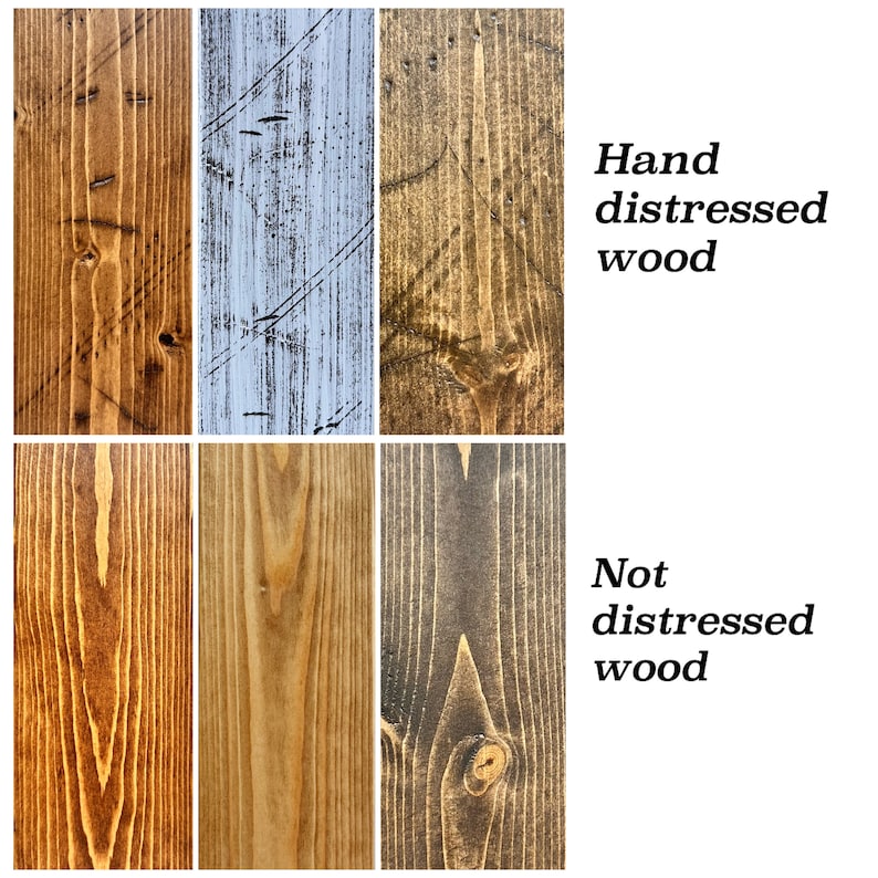 May include: A display of six wooden panels with different finishes. The top row presents hand-distressed wood in brown, blue-grey, and gold hues. The bottom row shows non-distressed wood in lighter and darker brown shades. Text labels the wood treatments.
