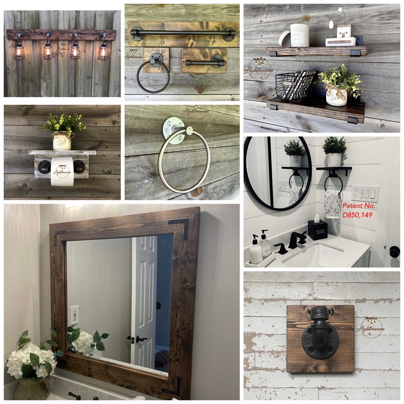 May include: A collection of rustic bathroom fixtures, including a towel rack, towel ring, and shelf, all made from wood and metal. The fixtures have a dark brown finish and are mounted on a wooden wall. The image also includes a large framed mirror.