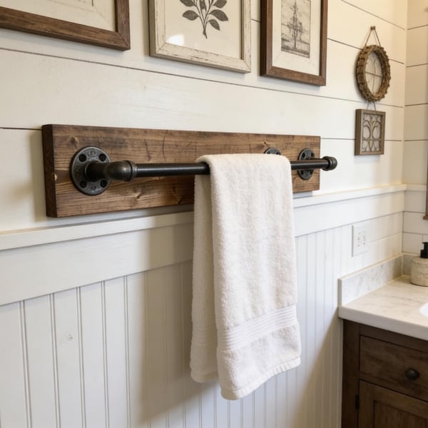 Toallero industrial rústico hecho a mano, moderno, para baño, estilo moderno, para taller, toallero, barra, decoración de baño, artículo hecho a mano.