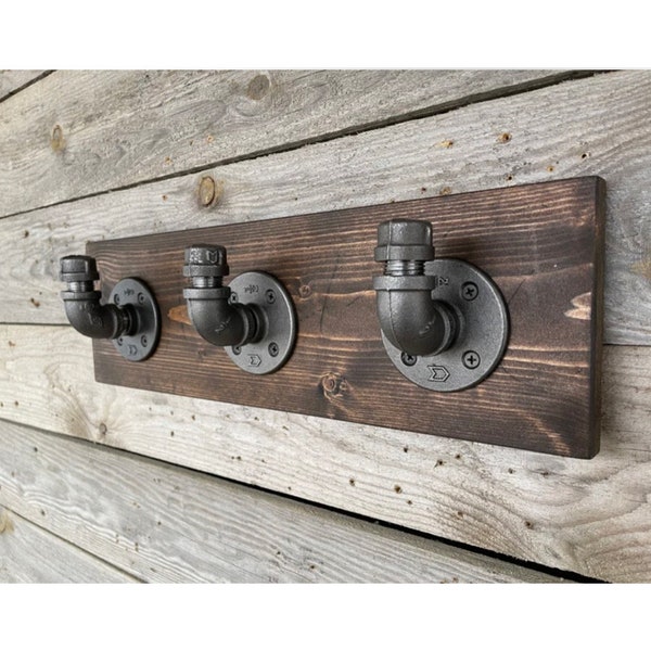 Industrial Rustic Modern Handmade Wall Hook, Hanger, Rack Towel, Purse, Coat, Pipe, Wood, Bathroom, Workshop, Garage, Mudroom, Office, Gift