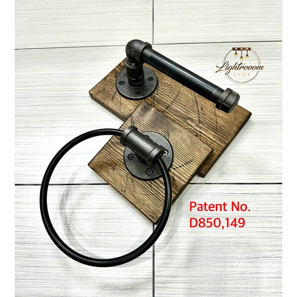 Set of 2, Toilet Paper Holder + Towel Ring, Industrial, Rustic, Black Pipe, Handmade, Modern, Unique Home Set, Housewarming, Remodel Gift