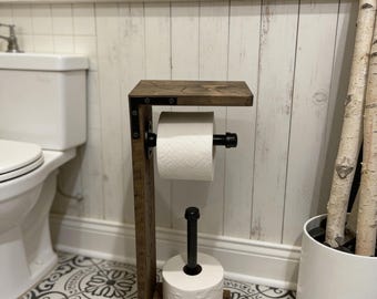 Toilet Paper Holder with Shelf and Extra Storage, 3 Roll Holder, Industrial Style TP Stand, Rustic Design, Floor Stand, Multiply Pipe Holder