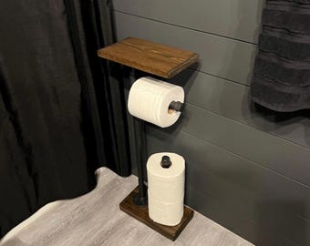 HEAVY BASE Toilet Paper Stand With Shelf, 22 Wood Colors, Phone Holder, Floor Stand, Rustic Paper Holder, Pipe TP Holder, Industrial Stand