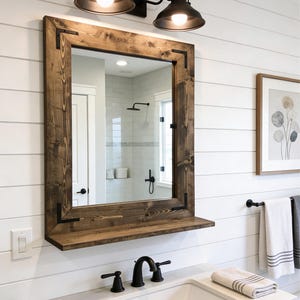 Bathroom Mirror with 5" Deep Shelf,Farmhouse Rustic Bath Entryway Mirror,Hallway Key Holder Wall Mirror,Mirror with Brackets,Vanity Mirror image 2