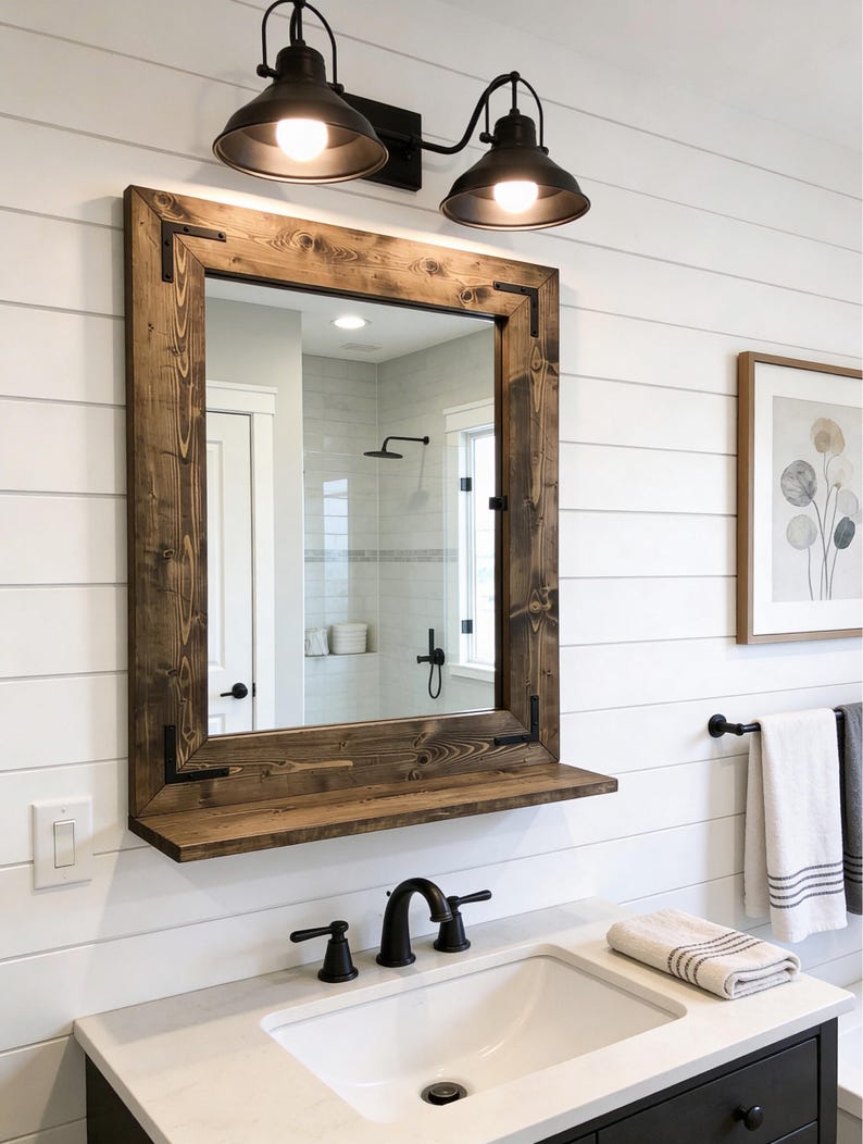 Bathroom Mirror with 5" Deep Shelf,Farmhouse Rustic Bath Entryway Mirror,Hallway Key Holder Wall Mirror,Mirror with Brackets,Vanity Mirror image 2
