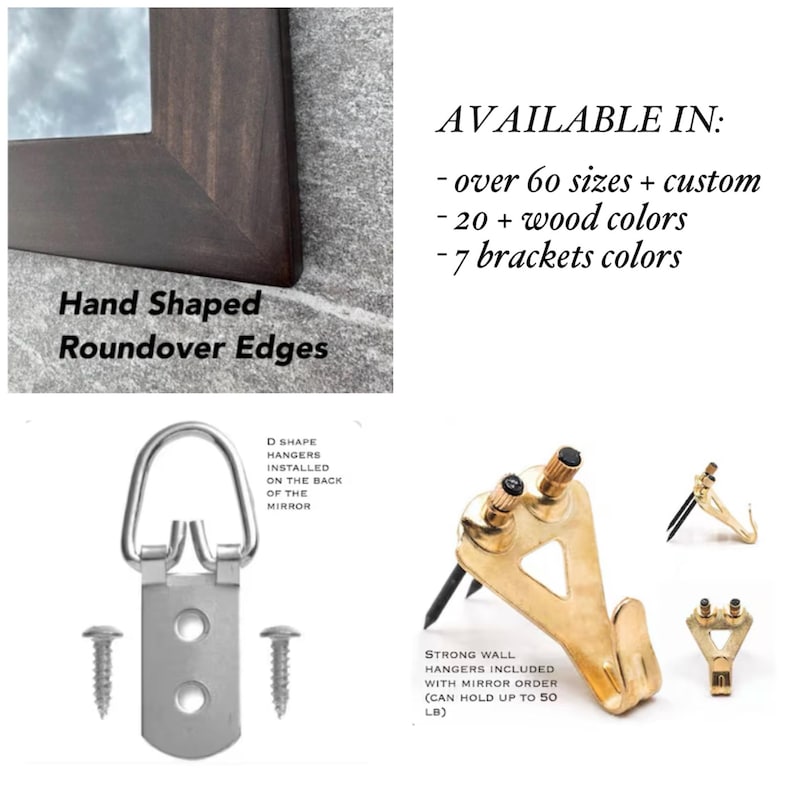 May include: A close-up of a dark brown wooden mirror frame with rounded edges. The image also shows various hanging hardware, including D-shape hangers and strong wall hangers that can hold up to 50 lbs. Text on the image says "Hand Shaped Roundover Edges".