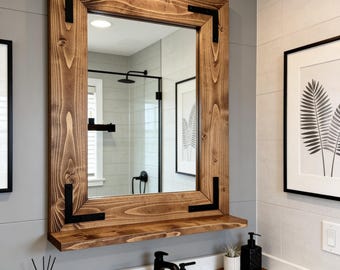 Handmade in USA Bathroom Mirror with 3.5" Deep Shelf, Entryway Wall Decor