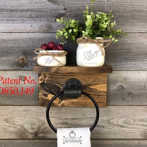 DESIGNED BY LIGHTROOOM, Hand Towel Ring Holder With Shelf And Backing Wood, Farmhouse Bathroom Decor, Pipe Industrial Rustic, Wall Shelf