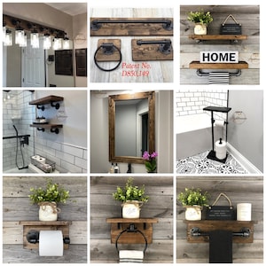 May include: A selection of rustic bathroom fittings, including shelves, towel rails, and a toilet roll holder. The items are made of dark stained wood and black metal pipes. Some shelves feature mason jars with greenery.