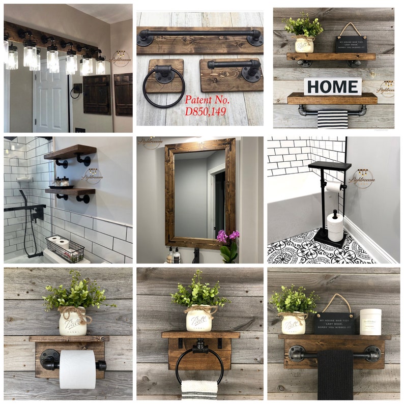 May include: A selection of rustic bathroom fittings, including shelves, towel rails, and a toilet roll holder. The items are made of dark stained wood and black metal pipes. Some shelves feature mason jars with greenery.