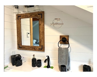 Bathroom Mirror, Farmhouse Rustic ENGLISH CHESTNUT Mirror,Country Wood Framed Mirror,Bath Wall Mirror,Vanity Mirror Brackets,Cottage Style