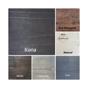 May include: A collage of six wood stain samples showing different finishes. The colors include dark Kona, reddish-brown Red Mahogany, light Natural with a Lightrooom Shop logo, dark brown Mocha, light Classic Gray, and a medium-toned Gray wood grain.