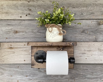 Rustic Industrial Toilet Paper Holder with Shelf, Wall Mounted TP with Shelf, Bathroom Storage, Bathroom Decor, Pipe Holder, Wood, Shelves