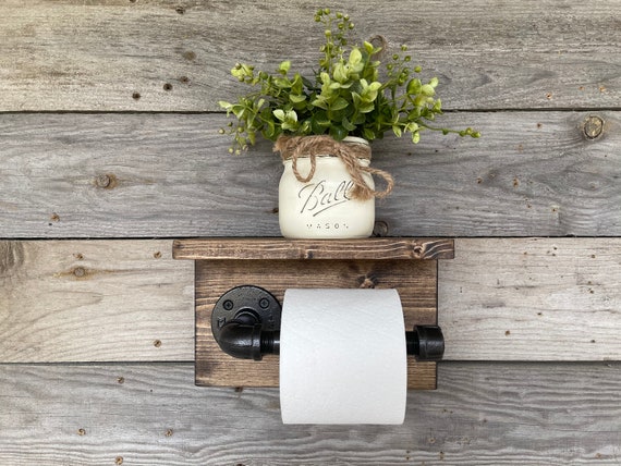 Rustic Brown Wood and Black Metal Wire Paper Towel Roll Holder Stand with Top Ring Handle