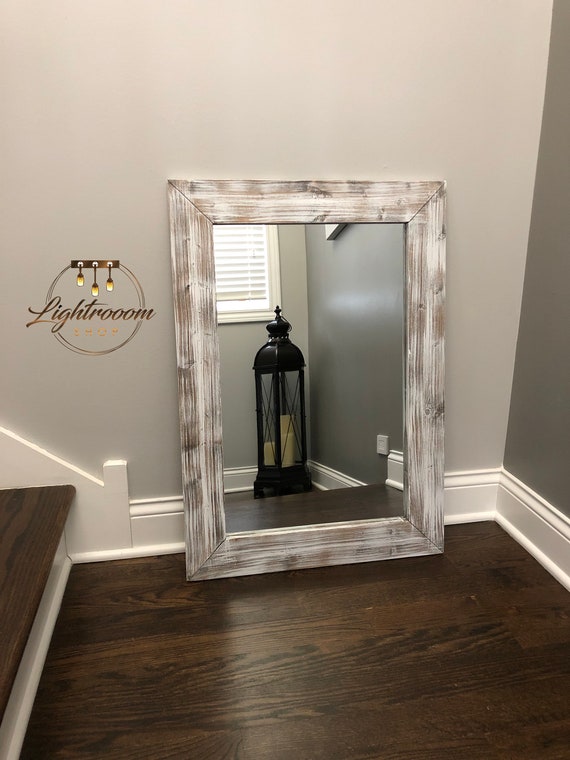 Whitewash Wood Mirror Frame Rustic Bathroom Farmhouse Wall Vanity Small Large
