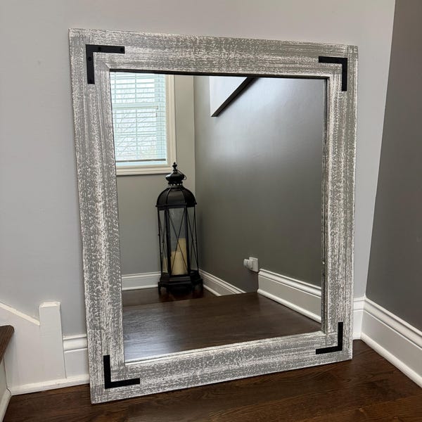GRAY on WHITE BASE 60+ Sizes + Custom Orders Mirror,Wood Framed Rustic Mirror,Bathroom Mirror,Wall Vanity Light Mirror, Nursery, Small Large