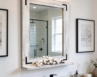 Bathroom Mirror with 3.5" Deep Shelf, Whitewash Rustic Farmhouse Wood Framed Mirror,Handmade Decor,Bath Wall Vanity Mirror,Floor Mirror,Gift