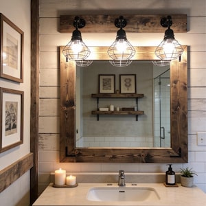 Mirror and Light Set, Bathroom Set, Industrial Bathroom, Pendant Shade Light, Large Wall Mirror, Rustic Decor, Cage Light Fixture