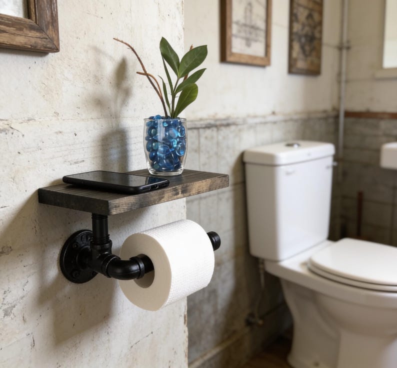 Puede incluir: Un soporte para papel higi&eacute;nico montado en la pared hecho de tuber&iacute;a industrial negra con un estante de madera oscura encima. El estante sostiene un tel&eacute;fono inteligente negro y un florero de vidrio transparente con piedras azules y una planta verde. Un rollo de papel blanco est&aacute; colocado.