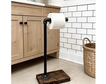 HEAVY BASE Pipe Wood Toilet Paper Dispenser, Bathroom Free Standing TP Holder, Industrial Bathroom, House Decor, Floor Stand, Pipe Tp Holder