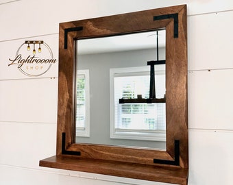 Bathroom Mirror with 3.5" Deep Shelf,Rustic Farmhouse 2.5” Frame,Entryway Mirror,Wood Framed Mirror,Wall Decor,Key Holder Shelf,Hallway