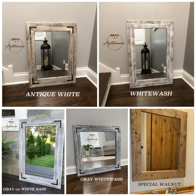 May include: Wooden framed mirrors in different finishes: antique white, whitewash, grey whitewash, grey on white base, and special walnut. Each mirror has black corner accents and the text "Lightroom".