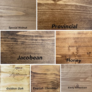 May include: A collage of wood stain samples, each with a different color and name. Colors include Special Walnut, Provincial, Jacobean, Honey, Golden Oak, English Chestnut, and Early American. The Lightroom Shop logo is visible.