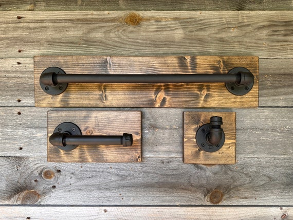 Industrial Modern Rustic Bathroom set of 3 Towel Holder, Toilet Paper Holder, Hook, Hanger, Rack, Pipe Bathroom, Workshop, Office,Unique Set
