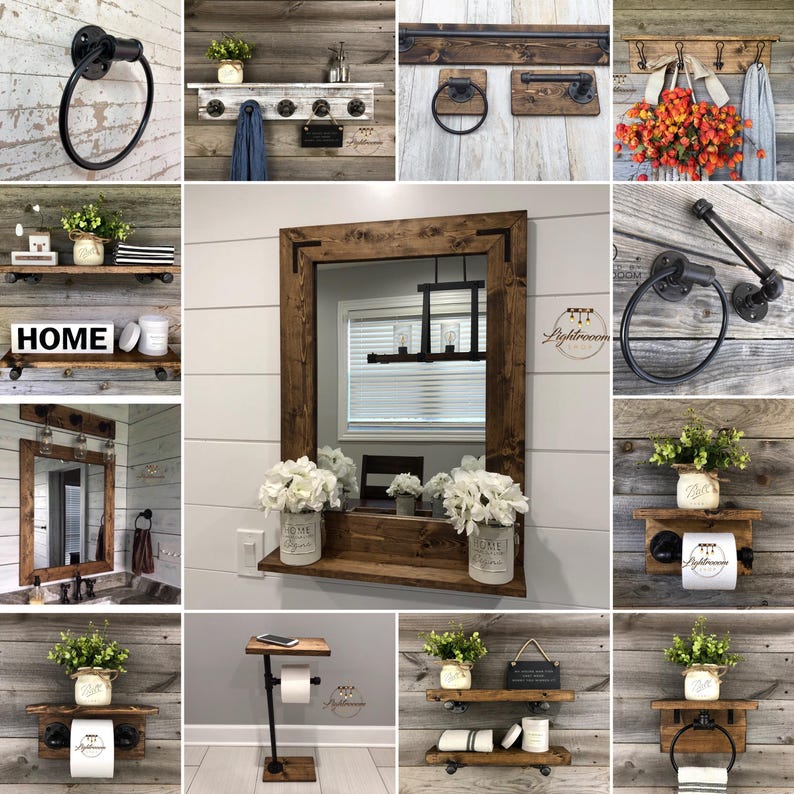 May include: A collection of rustic bathroom fixtures and decor. Includes towel rings, shelves, mirrors, and toilet paper holders. The items are made of wood and black metal pipes, with a farmhouse style.