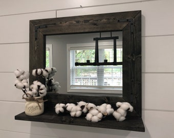 Mirror with 5" Deep Shelf, 60+ Sizes + Custom Orders,Entryway Mirror,22 Colors of Wood,Bathroom Wall Mirror,Mirror with Brackets,Farmhouse