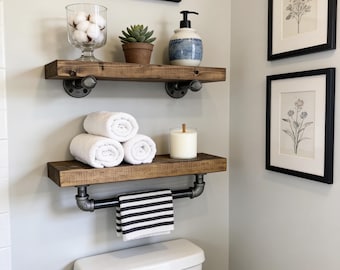 SET OF 2, Depth 3.5-7.25,Floating Shelf with Towel Bar & Extra Shelf with Pipe Brackets,Bathroom Shelves,Industrial Rustic Farmhouse Shelves