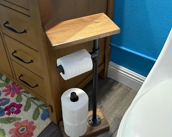 HEAVY BASE Toilet Paper Holder, TP with Shelf, Phone Shelf Holder, Rustic Industrial Bathroom, Wood Pipe Tp Stand, Floor Paper Holder, Gift