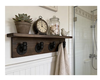 5.5" Deep Shelf, Coat Rack, Towel Holder, Entryway Storage, Bathroom Decor, Farmhouse, Industrial, Rustic Wall Hooks, Pipe Hook, Handmade