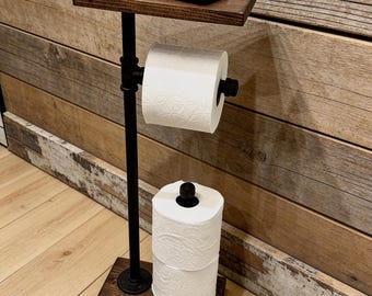 Toilet Paper Stand with Shelf and Extra Storage,Paper Dispenser,Rustic Paper Holder,Pipe Holder,Industrial Wood Stand,Floor Free Stand,Gift