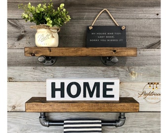 SET OF 2, Floating Shelf with Towel Bar and Extra Shelf with Pipe Brackets, Bathroom Shelves, Industrial Rustic Farmhouse Shelves, Storage